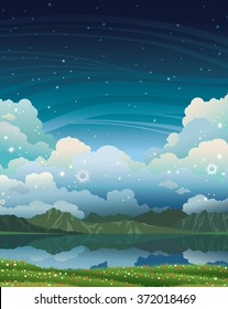 Natural landscape with calm lake, green grass and mountains on a night starry sky. Summer vector illustration. 