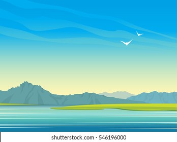 Natural landscape with calm lake, mountains and birds on a blue sky. Vector summer illustration. Wild nature.