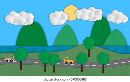 Natural  Landscape with cars, mountains, lake, trees,road and clouds