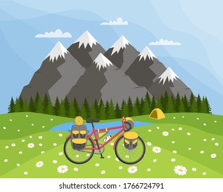 Natural landscape with a chamomile meadow and mountains and a tent in the background. The concept of trips by bike with backpacks and bags. Bikepacking. Outdoor activity. Vector illustration. flat