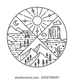 Natural landscape in circle frame illustration