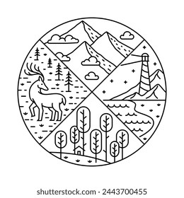 Natural landscape in circle frame illustration