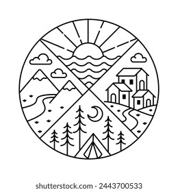 Natural landscape in circle frame illustration