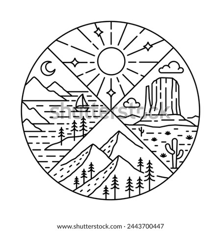 Natural landscape in circle frame illustration