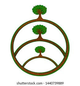 Natural landscape in a circle and three trees. To decorate the walls. Trees grow above each other. Natural layers. Karina is an abstraction of nature.
