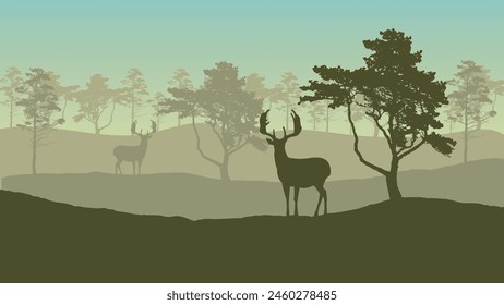Natural landscape, deers silhouettes under tree on hills, forests, vector illustration