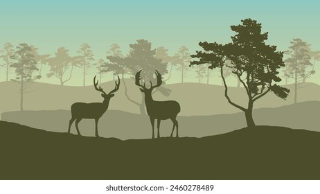 Natural landscape, deers silhouettes under tree on hills, forests, vector illustration