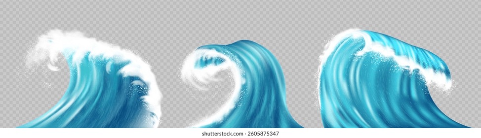 Natural landscape design of seascape with ocean or sea waves with foam. Vector realistic style, marine view, summertime surfing or exploring water activities. Scenic look with stormy wave