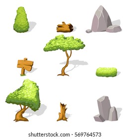 Natural landscape elements collection with green trees bush stones stump and wooden boards for game design isolated vector illustration 