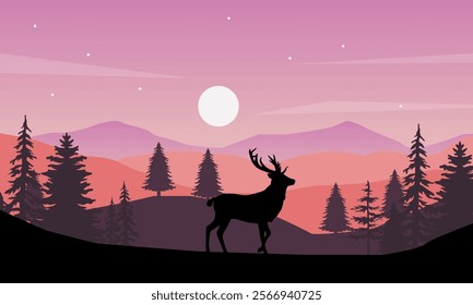 Natural Landscape in the evening at night mountains, moon, stars and deer silhouettes