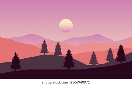 Natural Landscape in the evening at night  mountains  moon  stars and silhouettes of pine trees