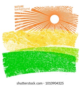 Natural landscape with fields and sun in sky. Vector abstract illustration on old paper background