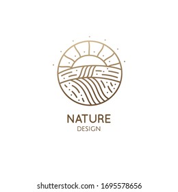 Natural landscape, fields and sun at sunset. Vector linear logo farm template, fertile fields planted with eco products. Fertile land with harvest. Outline icon of countryside, agriculture business.