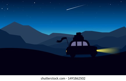 Natural landscape in flat design,a flat nature landscape vector at night,drive at night flat desing,stock background vector,illustration at night and the car,dekstop wallper,wallpaper,vectorstock 