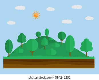 Natural landscape in the flat simple style with forest. Hills, bushes,trees,grass and sun with clouds. Vector illustration outdoor concept
