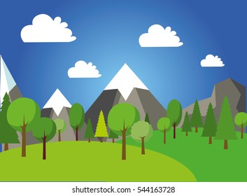 Natural landscape in the flat style. Environmentally friendly natural landscape. Green landscape with mountains
