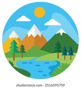 Natural landscape in the flat style. Lake, meadows and the mountains, flowers and birds - a cute landscape. Environmentally friendly natural for your design