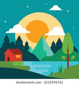 Natural landscape in the flat style. Lake, meadows and the mountains, flowers and birds - a cute landscape. Environmentally friendly natural for your design