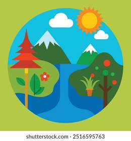 Natural landscape in the flat style. Lake, meadows and the mountains, flowers and birds - a cute landscape. Environmentally friendly natural for your design