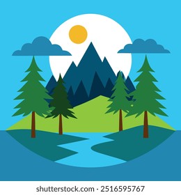 Natural landscape in the flat style. Lake, meadows and the mountains, flowers and birds - a cute landscape. Environmentally friendly natural for your design