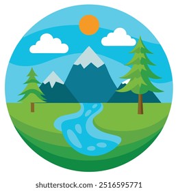 Natural landscape in the flat style. Lake, meadows and the mountains, flowers and birds - a cute landscape. Environmentally friendly natural for your design