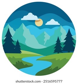 Natural landscape in the flat style. Lake, meadows and the mountains, flowers and birds - a cute landscape. Environmentally friendly natural for your design