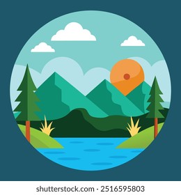 Natural landscape in the flat style. Lake, meadows and the mountains, flowers and birds - a cute landscape. Environmentally friendly natural for your design