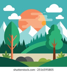 Natural landscape in the flat style. Lake, meadows and the mountains, flowers and birds - a cute landscape. Environmentally friendly natural for your design