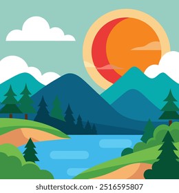 Natural landscape in the flat style. Lake, meadows and the mountains, flowers and birds - a cute landscape. Environmentally friendly natural for your design