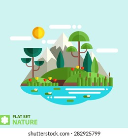 Natural landscape in the flat style. Lake, meadows and fir trees, flowers and reeds - a beautiful park. Environmentally friendly natural landscape. 