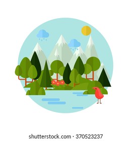 Natural landscape in the flat style. Lake, meadows and the mountains, flowers and birds - a cute landscape. Environmentally friendly natural for your design