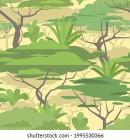 Natural landscape with forest and green trees. Seamless. Beautiful rural country side. Vector