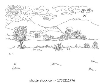 Natural landscape freehand drawing with editable stroke and grouped elements