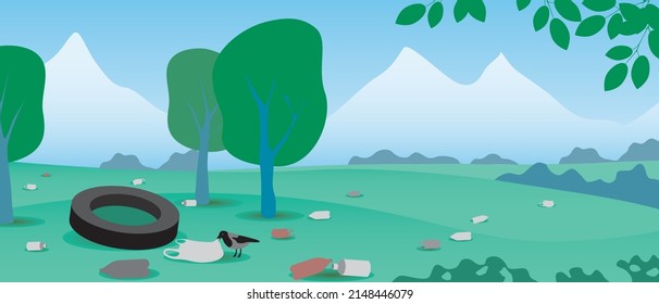 Natural landscape with garbage. Flat vector stock illustration. Plastic pollution in land concept. Bottles, bags and tires in the wild. Ecological problem