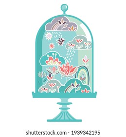 Natural landscape in a glass stand with flowers, sky and rainbows. Pastel illustration is suitable for printing cards or packaging designs.