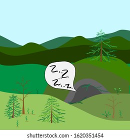 Natural landscape with green trees, fir, cedars, aspen. Skyline. Nora, the den of which is the inscription snoring. The place of life of the animal. Merry vector flat illustration.