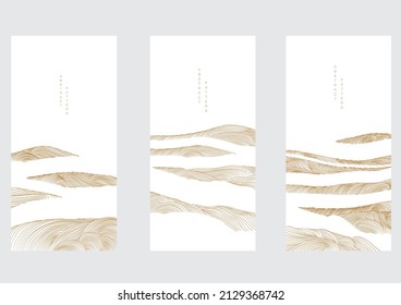 Natural landscape with hand drawn line pattern vector. Abstract art background with Mountain forest template. Gold texture.