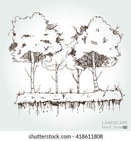 Natural landscape in Hand drawn style. a beautiful park.Environmentally friendly natural landscape.Vector illustration