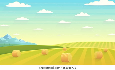 Natural landscape, hay field. Cartoon illustration style.