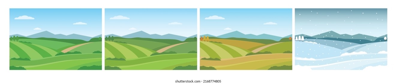 Natural landscape with hills, meadow and mountains. Four seasons: spring, summer, autumn, winter. Vector illustration.