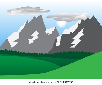 Natural landscape with hills, mountains, trees, sun  and clouds.