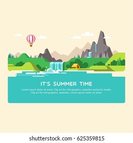 Natural landscape with hills, mountains and waterfall. Summer time. Vector illustration.