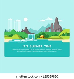 Natural landscape with hills, mountains and waterfall. Summer time. Vector illustration.