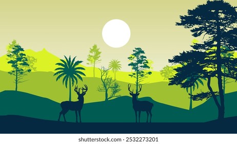 Natural Landscape with hills, Tree Silhouettes, Wild Deer, Nature Concept