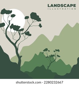 natural landscape illustration design, with elements of mountains and trees