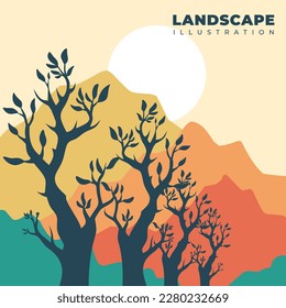 natural landscape illustration design, with elements of mountains and trees