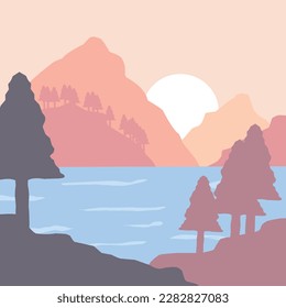 natural landscape illustration design, with elements of mountains and trees