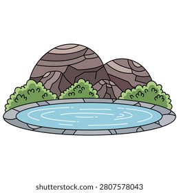 Natural landscape illustration featuring pond, rocks, greenery, and water scene representing outdoor scenery, travel, ecology, relaxation, and peaceful environment concepts for nature designs