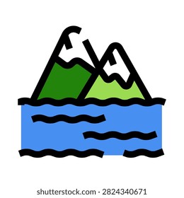 Natural landscape illustration of two green mountains with snowy caps bordering a calm body of water, representing nature, outdoor adventure, and travel destinations
