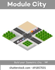 Natural landscape isometric forest with trees and plants, expressway with cars
